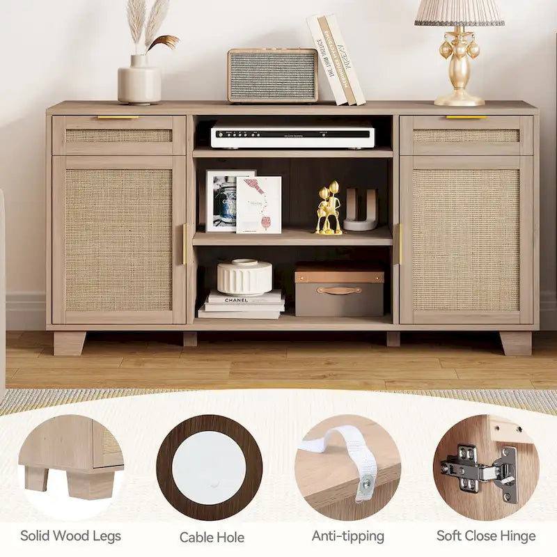 58 Inch Rattan TV Stand with Drawers and Adjustable Shelves