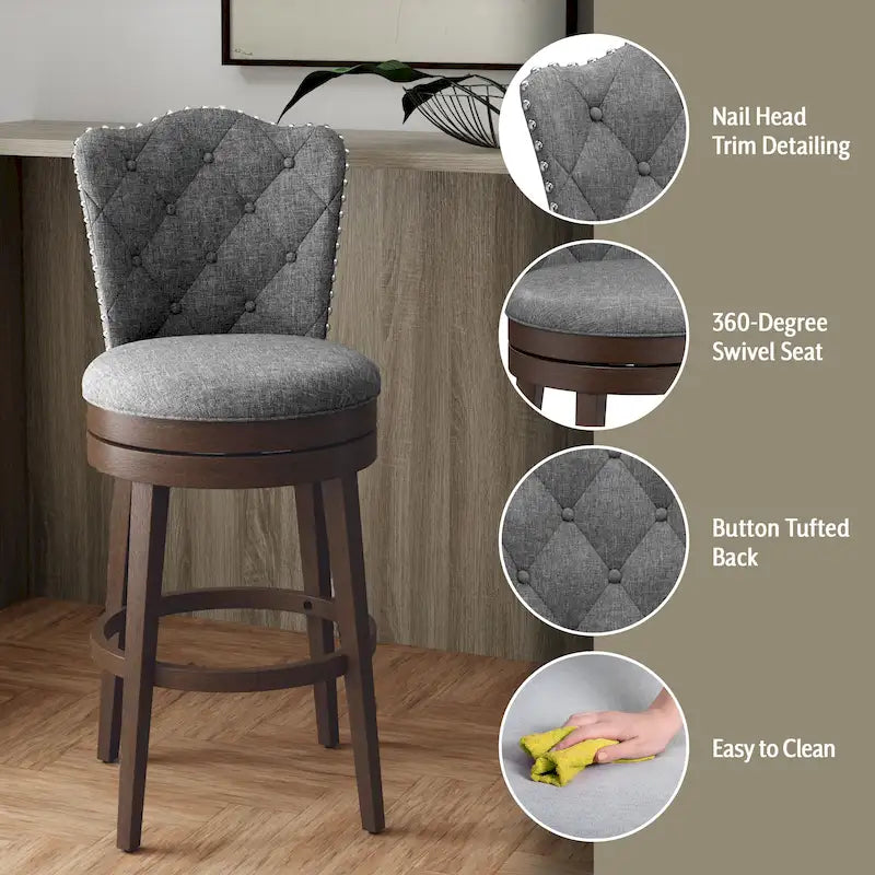 Upholstered Wood Swivel Stool with Arched Back
