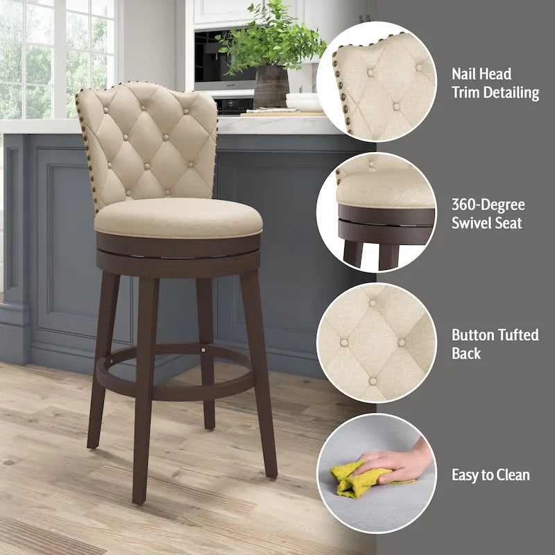 Upholstered Wood Swivel Stool with Arched Back