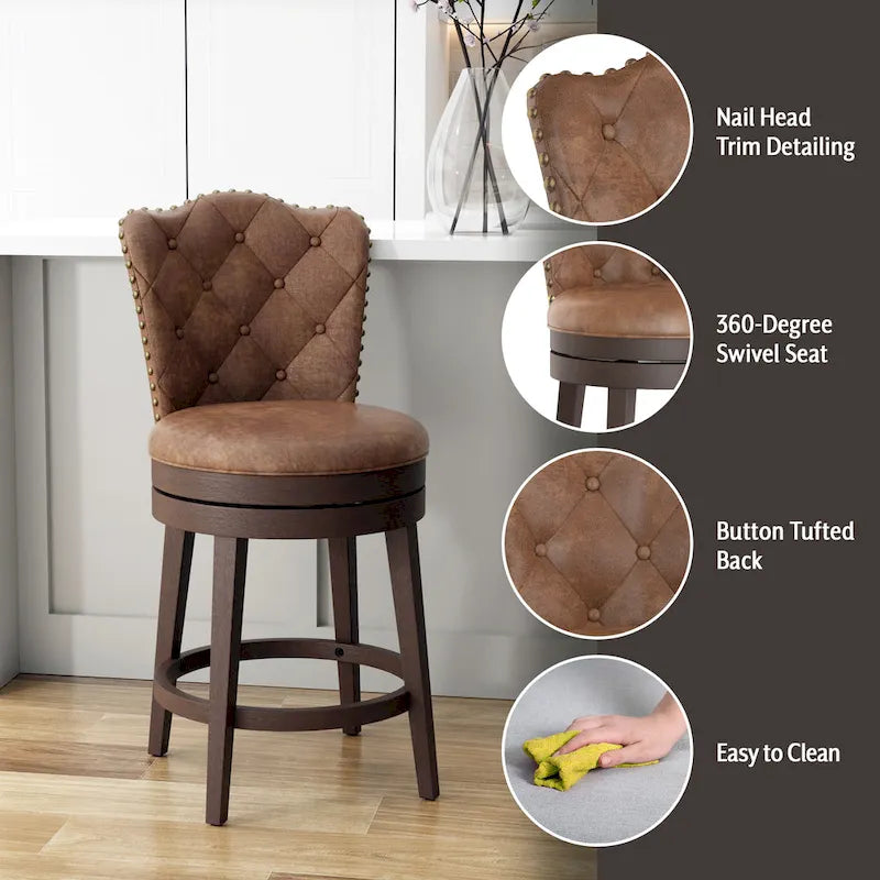 Upholstered Wood Swivel Stool with Arched Back