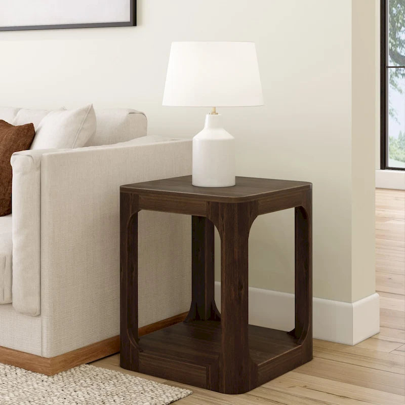 20-inch Square Pine Wood Side Table with Bottom Shelf