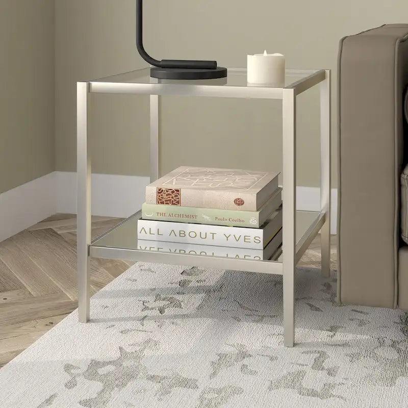 Mesa auxiliar quadrada de 20 de largura com prateleira transparente