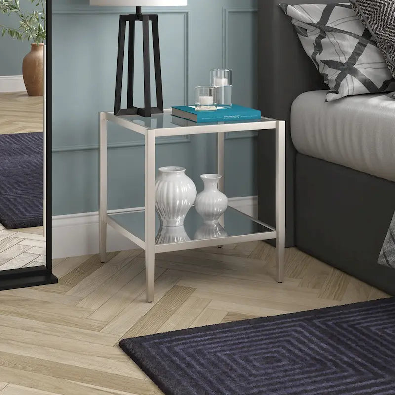 Mesa auxiliar quadrada de 20 de largura com prateleira transparente