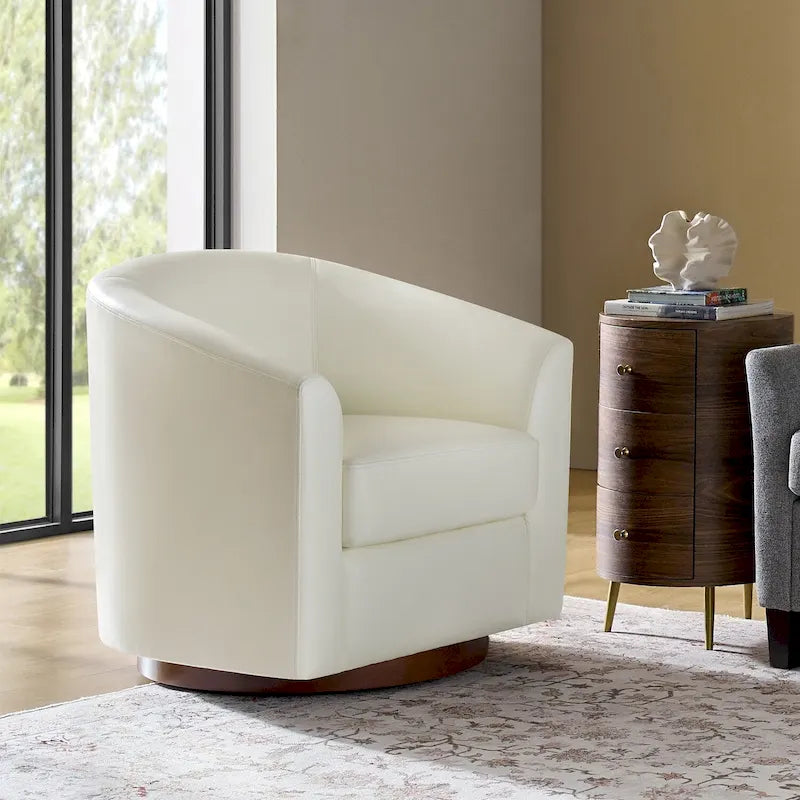 Modern Swivel Barrel Faux Leather Chair with Solid Wood Base