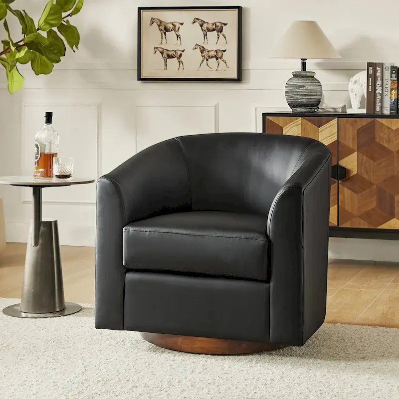 Modern Swivel Barrel Faux Leather Chair with Solid Wood Base