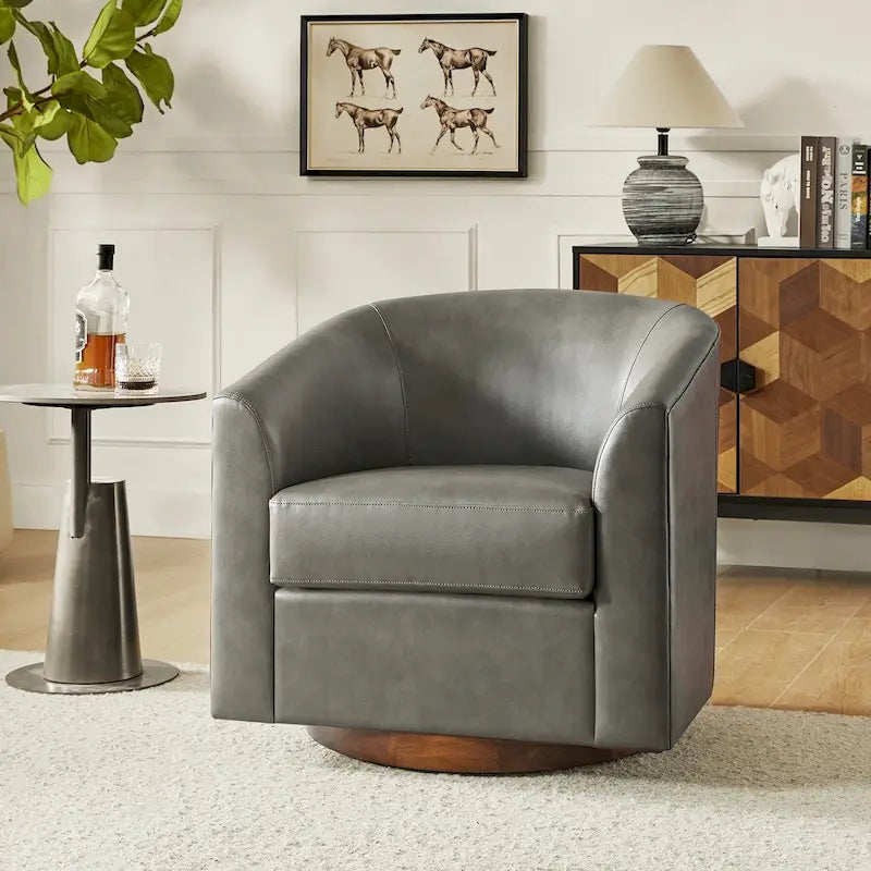 Modern Swivel Barrel Faux Leather Chair with Solid Wood Base