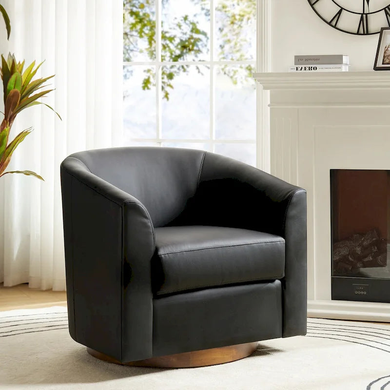 Modern Swivel Barrel Faux Leather Chair with Solid Wood Base
