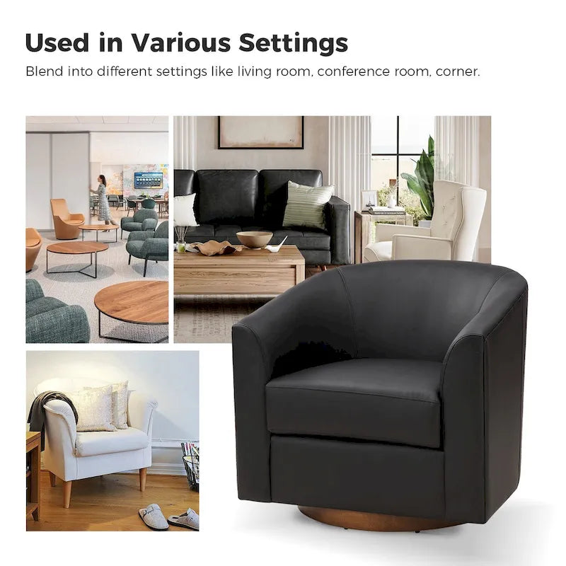 Modern Swivel Barrel Faux Leather Chair with Solid Wood Base