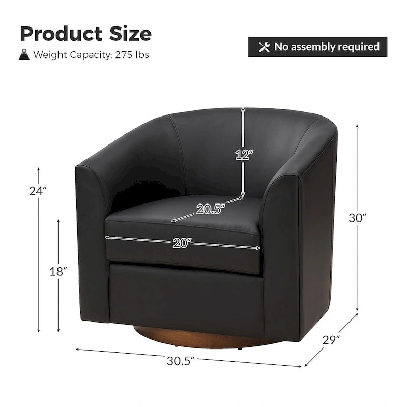 Modern Swivel Barrel Faux Leather Chair with Solid Wood Base