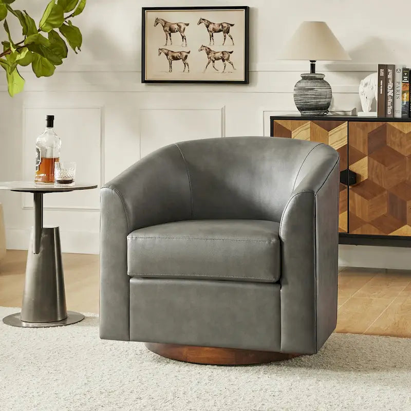 Modern Swivel Barrel Faux Leather Chair with Solid Wood Base
