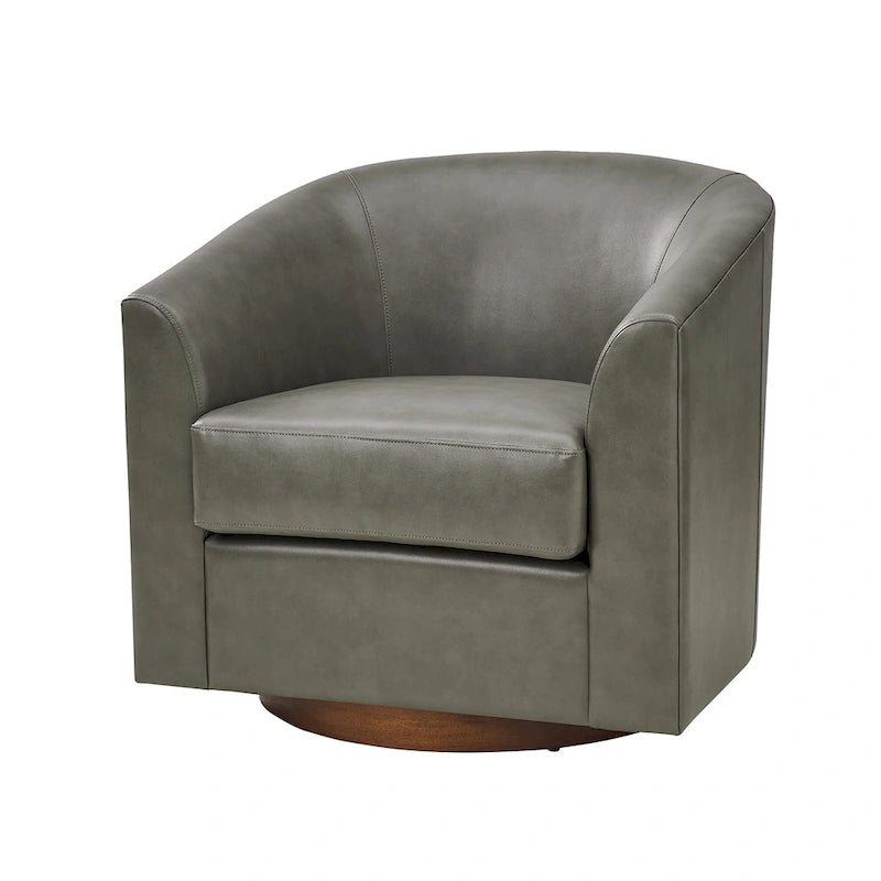 Modern Swivel Barrel Faux Leather Chair with Solid Wood Base
