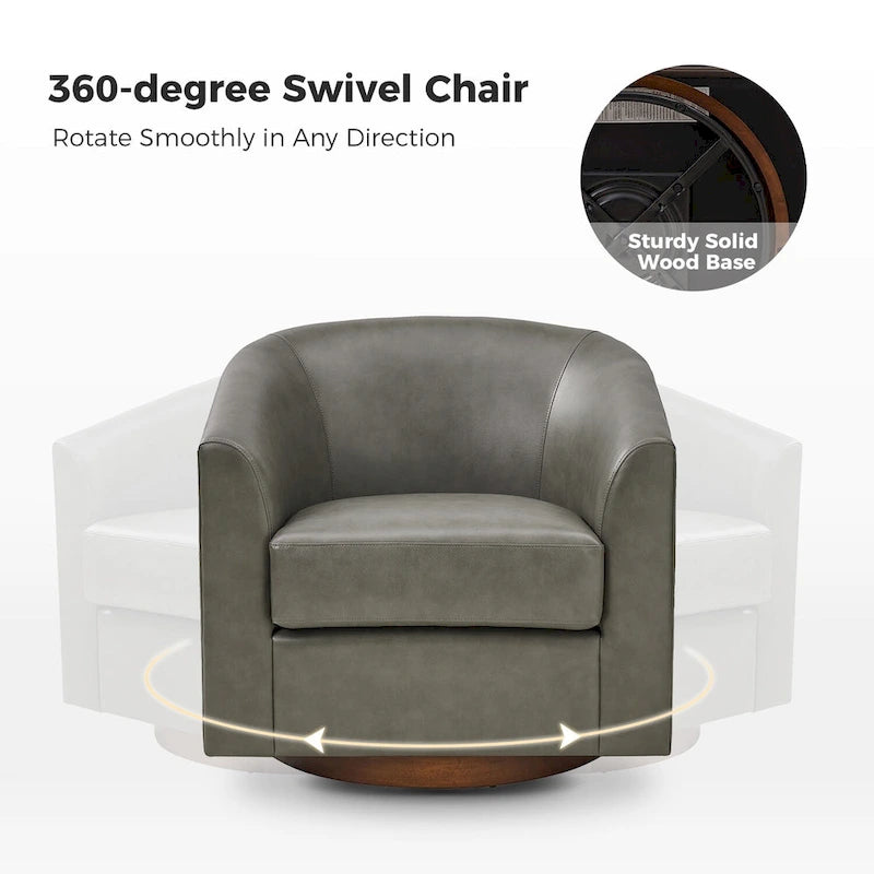 Modern Swivel Barrel Faux Leather Chair with Solid Wood Base