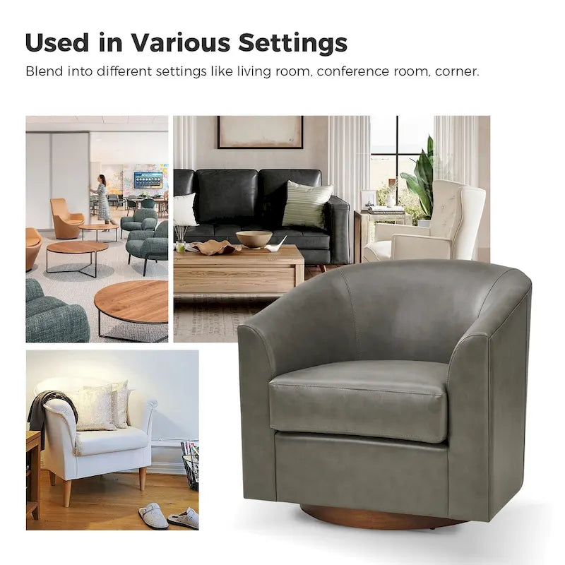 Modern Swivel Barrel Faux Leather Chair with Solid Wood Base