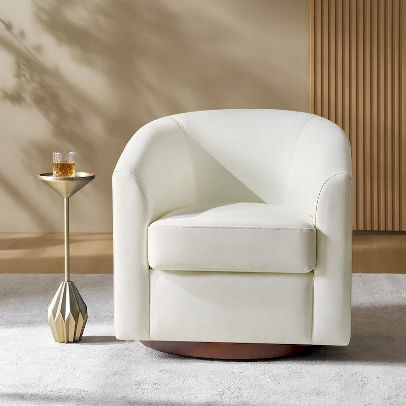 Modern Swivel Barrel Faux Leather Chair with Solid Wood Base
