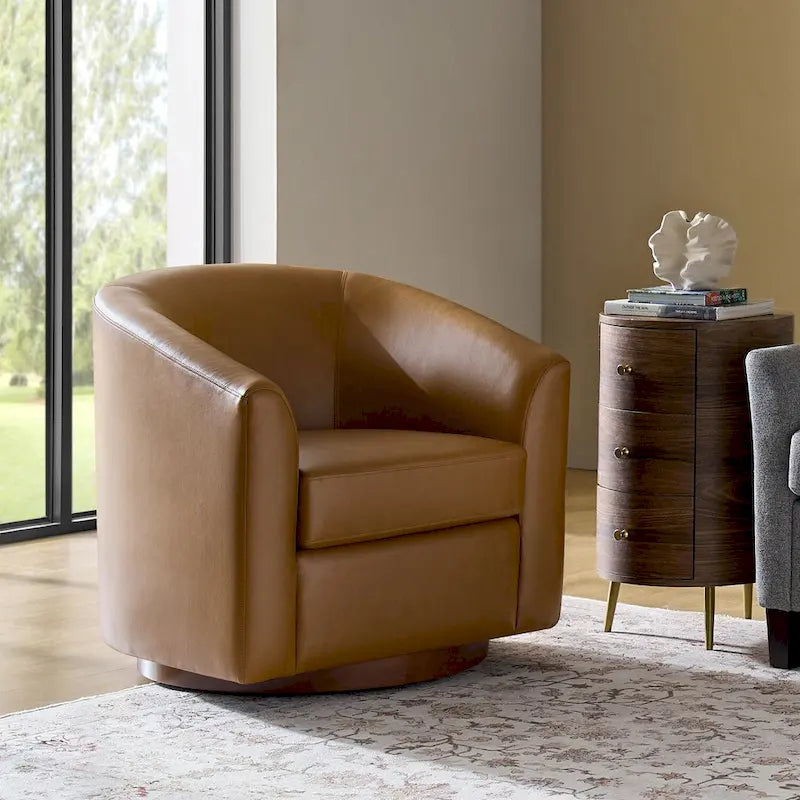 Modern Swivel Barrel Faux Leather Chair with Solid Wood Base