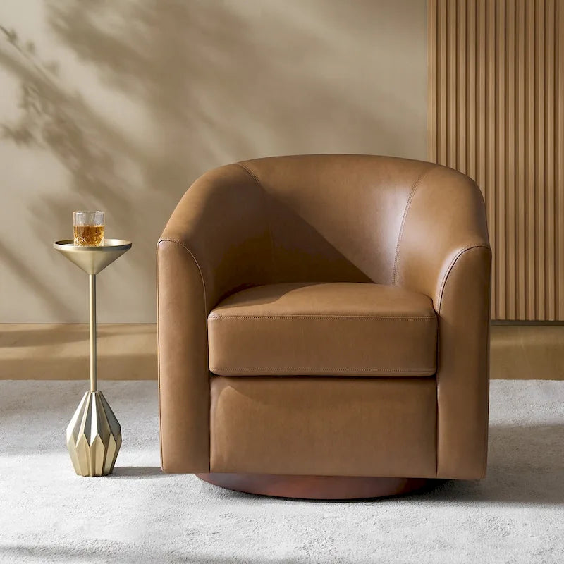 Modern Swivel Barrel Faux Leather Chair with Solid Wood Base