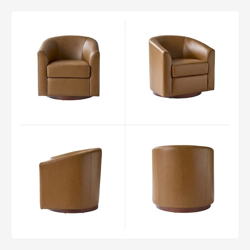 Modern Swivel Barrel Faux Leather Chair with Solid Wood Base