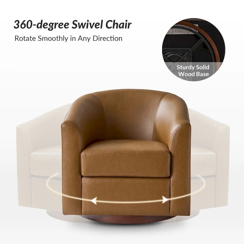 Modern Swivel Barrel Faux Leather Chair with Solid Wood Base