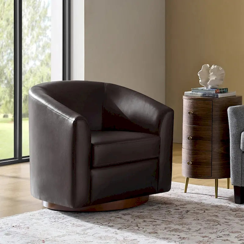 Modern Swivel Barrel Faux Leather Chair with Solid Wood Base