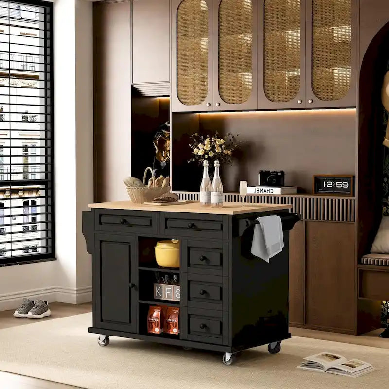 Kitchen Cart with Rubber wood Desktop - Rolling Mobile Kitchen Island with Storage and 5 Drawers, 53 Inch Length