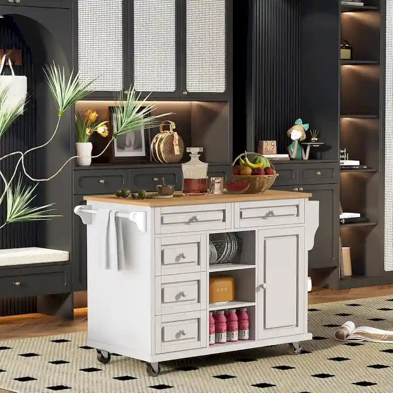 Kitchen Cart with Rubber wood Desktop - Rolling Mobile Kitchen Island with Storage and 5 Drawers, 53 Inch Length