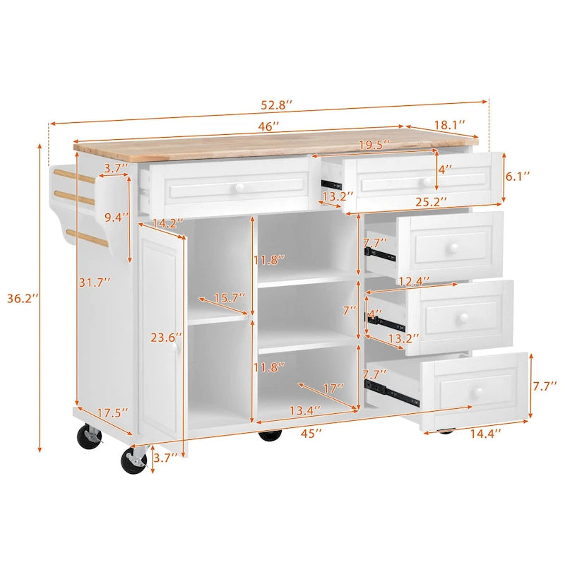 Kitchen Cart with Rubber wood Desktop - Rolling Mobile Kitchen Island with Storage and 5 Drawers, 53 Inch Length