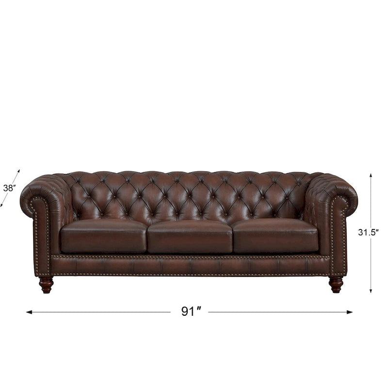 Top Grain Leather Chesterfield Sofa with Tufted Design